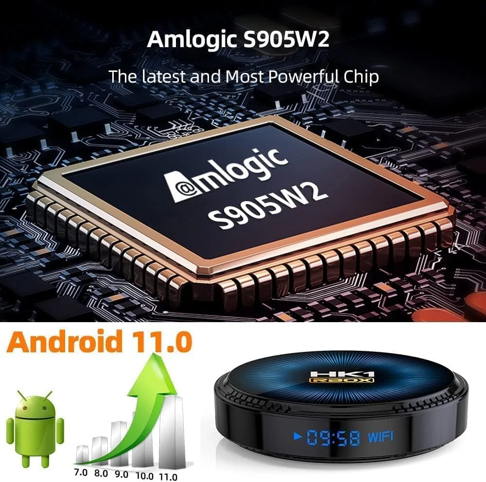 اندروید تی وی باکس 11.0، رم 4 گیگابایت، رام 64 گیگابایت، Amlogic S905X2 چهار هسته ای 64 بیتی، LAN 1000M، وای فای دوگانه 2.4G/5G، 6K/AV1/3D/USB 3.0/BT 4.2 ست تاپ باکس، 4 گیگابایت + 32 گیگابایت