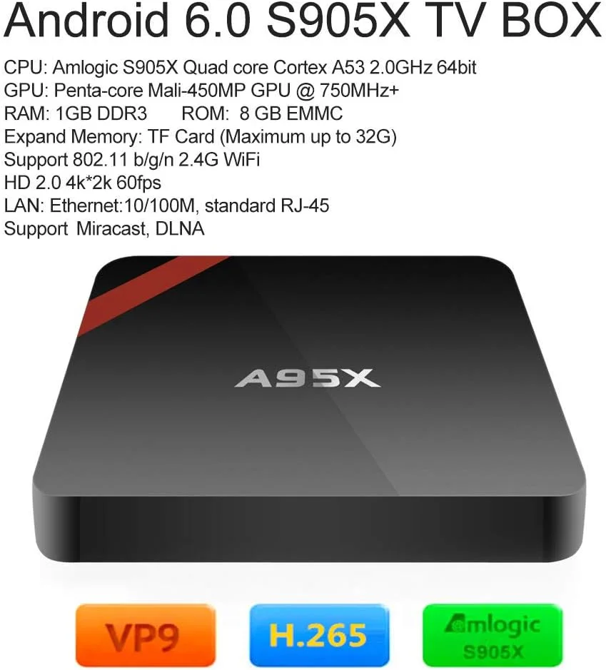 اندروید باکس هوشمند A95X، اندروید 6.0، پردازنده چهارهسته‌ای Amlogic S905X، 64 بیتی، UHD 4K، رم 1 گیگابایت، حافظه 8 گیگابایت، مینی کامپیوتر VP9، وای فای و LAN، H.265، DLNA، Miracast، پخش کننده رسانه، دوشاخه UK