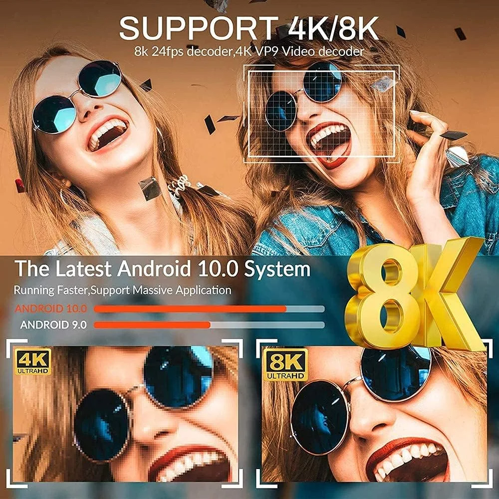 اندروید باکس 10.0، رم 4 گیگابایت حافظه 32 گیگابایت، اندروید باکس هوشمند Amlogic S905X3 64-Bit Quad Core ARM Cortex A55 CPU/Dual Wifi 2.4/5Ghz BT4.0، پشتیبانی از 8K 3D/H.265