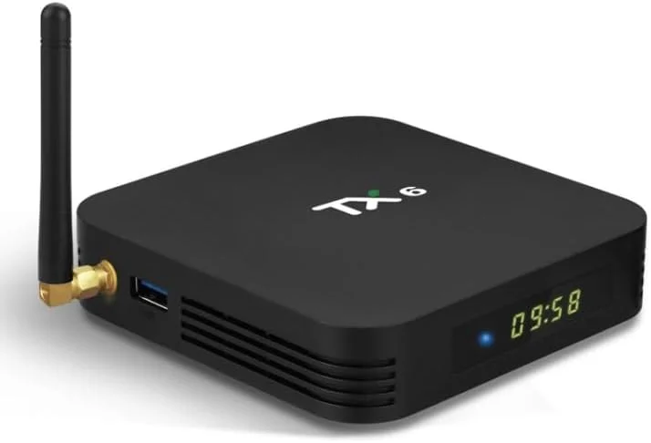 مدیا پلیر تی وی باکس TX6 HD، سیستم عامل اندروید 7.1/9.0، Allwinner H6، تا 1.5 گیگاهرتز، چهار هسته ای ARM Cortex-A53، 4 گیگابایت رم + 32 گیگابایت حافظه داخلی، پشتیبانی از بلوتوث، وای فای، RJ45، دوشاخه UK