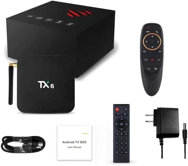 مدیا پلیر تی وی باکس TX6 HD، سیستم عامل اندروید 7.1/9.0، Allwinner H6، تا 1.5 گیگاهرتز، چهار هسته ای ARM Cortex-A53، 4 گیگابایت رم + 32 گیگابایت حافظه داخلی، پشتیبانی از بلوتوث، وای فای، RJ45، دوشاخه UK