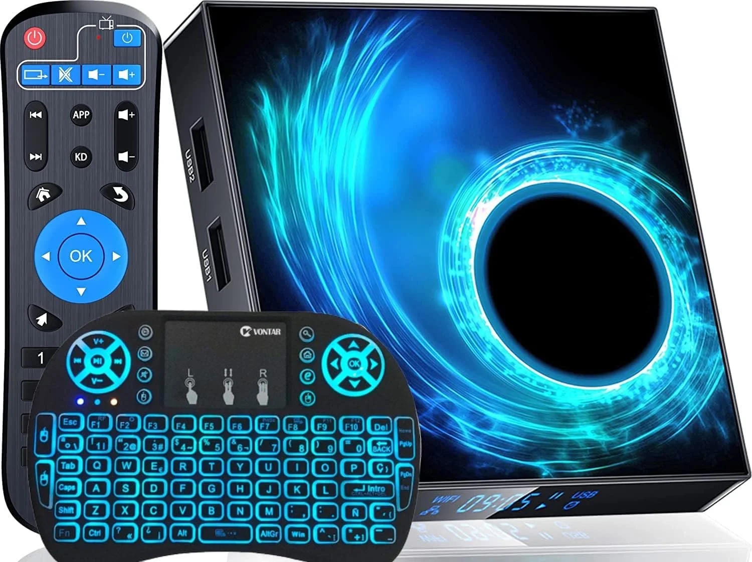 اندروید تی وی باکس 4 گیگابایت رم 64 گیگابایت رام به همراه کیبورد وایرلس، Allwinner H616 چهار هسته ای 64 بیتی، پشتیبانی از وای فای 2.4G/5.8Ghz، پورت LAN 100، بلوتوث 4.2، 3D/6K Utral HD/H.265 ست تاپ باکس، 4gb+64gb