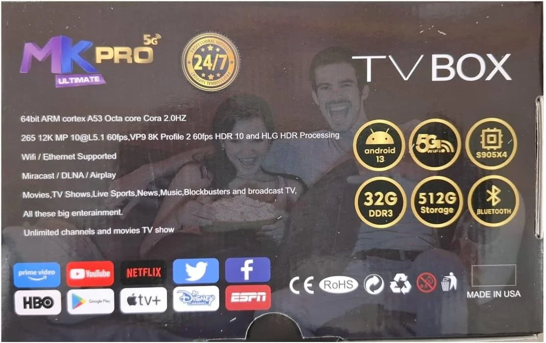 اندروید باکس Mk pro، اندروید باکس 12، رم 20 گیگابایت، حافظه داخلی 512 گیگابایت، پشتیبانی از 64 بیت، کیفیت 10K HD/ 3D/ H.265، وای فای دوگانه 5G و بلوتوث.