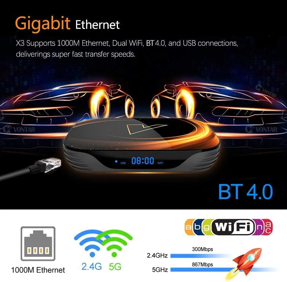 اندروید باکس 9.0، VONTAR X3 با 4 گیگابایت رم + 128 گیگابایت رام، پردازنده چهارهستهای Amlogic S905X3 Cortex-A55، وایفای دو بانده 2.4 گیگاهرتز/5 گیگاهرتز، رزولوشن 8K 4K Ultra HD، بلوتوث 4.0، ست تاپ باکس، 4 گیگابایت + 32 گیگابایت اندروید باکس 9.0، VONTAR X3 با 4 گیگابایت رم + 128 گیگابایت رام، پردازنده چهارهستهای Amlogic S905X3 Cortex-A55، وایفای دو بانده 2.4 گیگاهرتز/5 گیگاهرتز، رزولوشن 8K 4K Ultra HD، بلوتوث 4.0، ست تاپ باکس، 4 گیگابایت + 32 گیگابایت