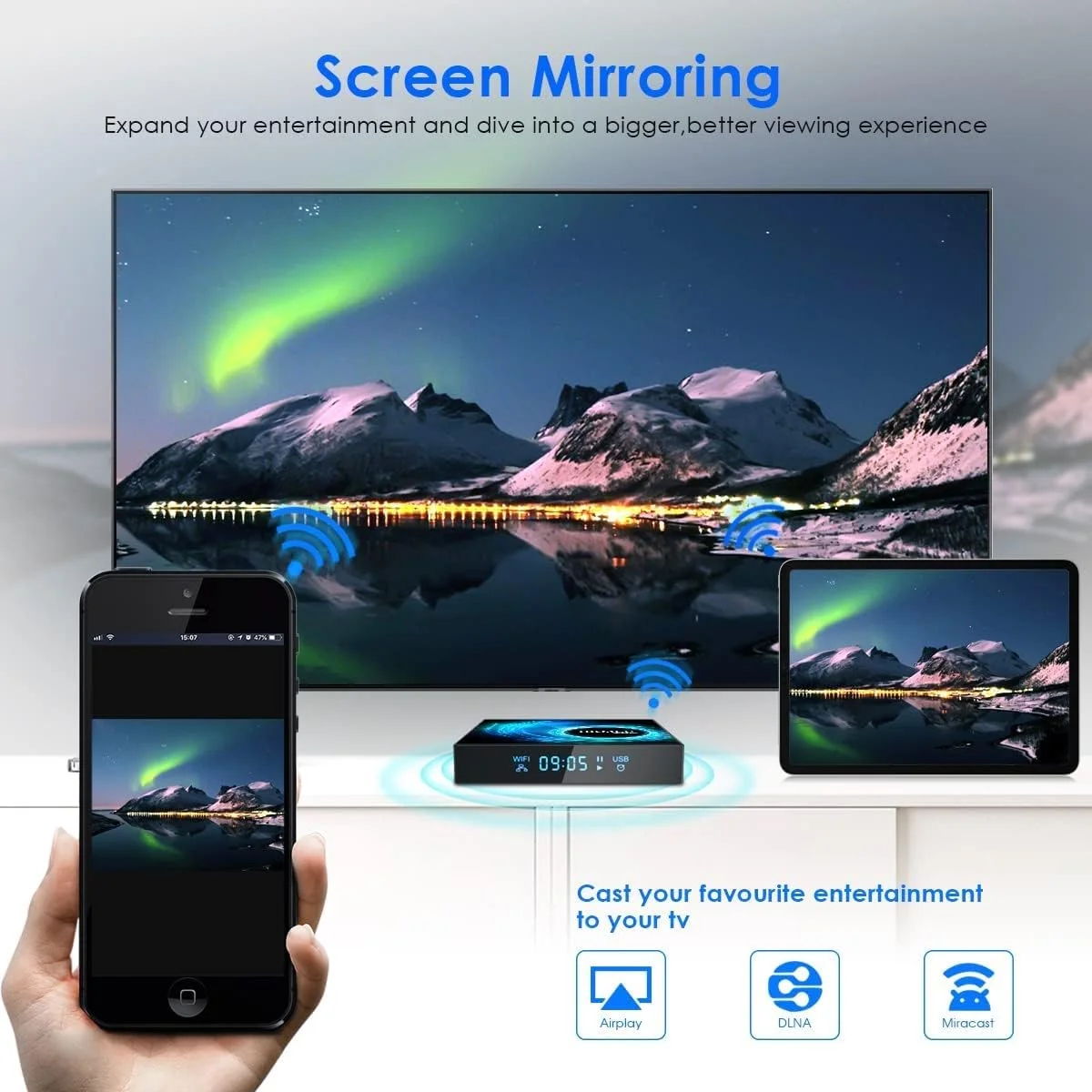 اندروید تی وی باکس 4 گیگابایت رم 64 گیگابایت رام به همراه کیبورد وایرلس، Allwinner H616 چهار هسته ای 64 بیتی، پشتیبانی از وای فای 2.4G/5.8Ghz، پورت LAN 100، بلوتوث 4.2، 3D/6K Utral HD/H.265 ست تاپ باکس، 4gb+64gb