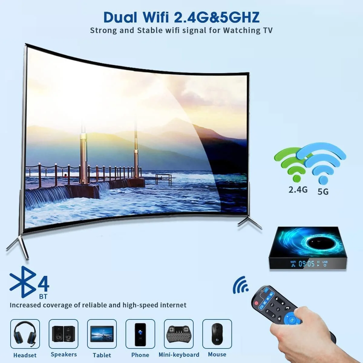 اندروید تی وی باکس 4 گیگابایت رم 64 گیگابایت رام به همراه کیبورد وایرلس، Allwinner H616 چهار هسته ای 64 بیتی، پشتیبانی از وای فای 2.4G/5.8Ghz، پورت LAN 100، بلوتوث 4.2، 3D/6K Utral HD/H.265 ست تاپ باکس، 4gb+64gb