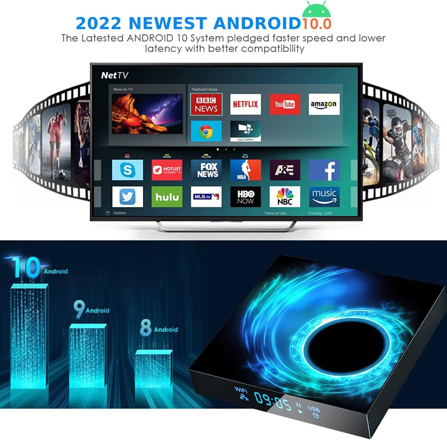 اندروید تی وی باکس 4 گیگابایت رم 64 گیگابایت رام به همراه کیبورد وایرلس، Allwinner H616 چهار هسته ای 64 بیتی، پشتیبانی از وای فای 2.4G/5.8Ghz، پورت LAN 100، بلوتوث 4.2، 3D/6K Utral HD/H.265 ست تاپ باکس، 4gb+64gb