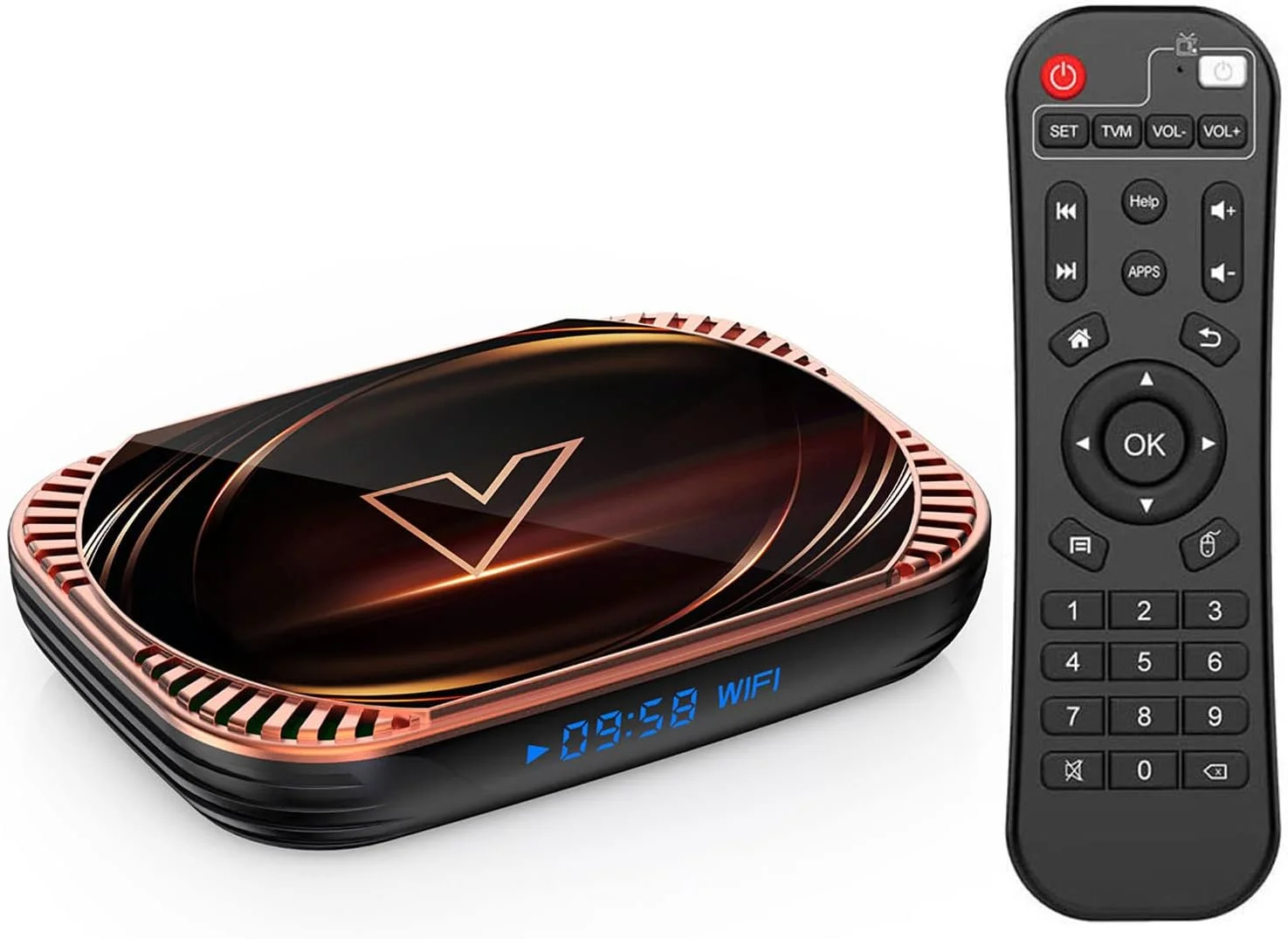 اندروید باکس 11.0، چهارهسته‌ای S905X4، 64 بیتی Cortex-A53، اندروید باکس با وای فای 2.4 گیگاهرتز/5.0 گیگاهرتز، اترنت 100/1000M، پشتیبانی از H.265/3D/4K Ultra HD/BT 5.0/HDMI 2.0 اسمارت تی وی باکس، 4 گیگابایت + 64 گیگابایت