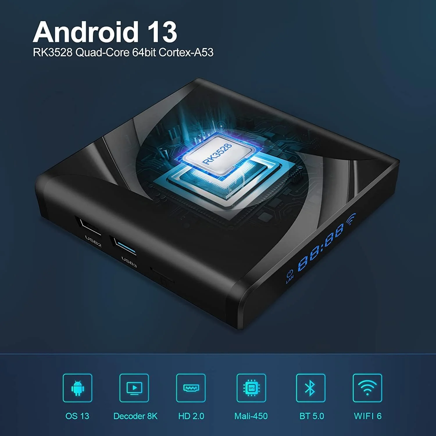 اندروید باکس AMITVA مدل Android 13.0 TV BOX, X88 PRO13 RK3258 Quadcore با 4 گیگابایت رم و 64 گیگابایت حافظه داخلی، پردازنده گرافیکی Mali-G31 MP2، پشتیبانی از 4K 3D، وای فای 2.4، اترنت 10/100M، DLNA HDMI 2.0 H.265 Smart TV BOX، 4gb+64gb