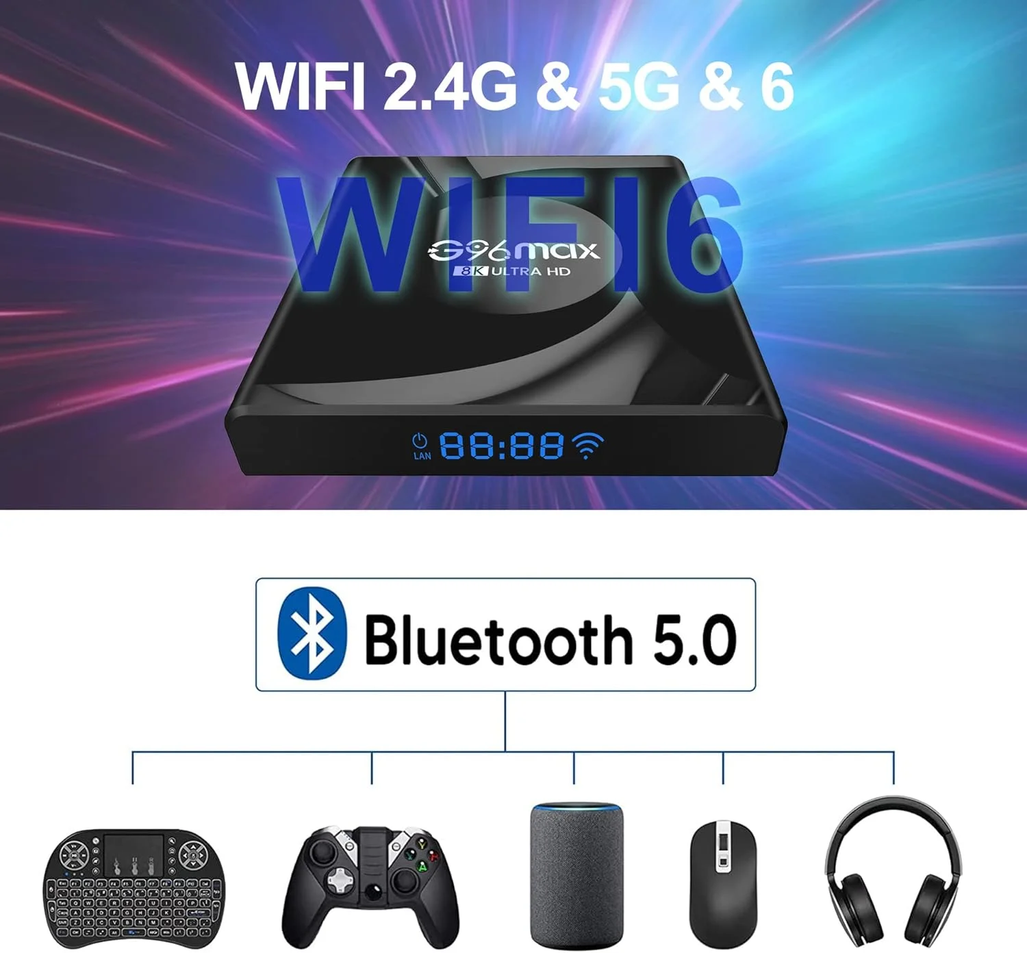 باکس اندروید تی وی AMITVA 13.0، 4 گیگابایت رم 64 گیگابایت حافظه داخلی، پردازنده چهار هسته ای RK3258 Cortex-A53، پردازنده گرافیکی Mali-G31 MP2، باکس هوشمند تی وی 3D 8K، پشتیبانی از Wifi6 2.4Ghz/5.0Ghz Wifi BT5.0 Ethernet LAN 10/1000M ست تاپ باکس، 4GB+32GB