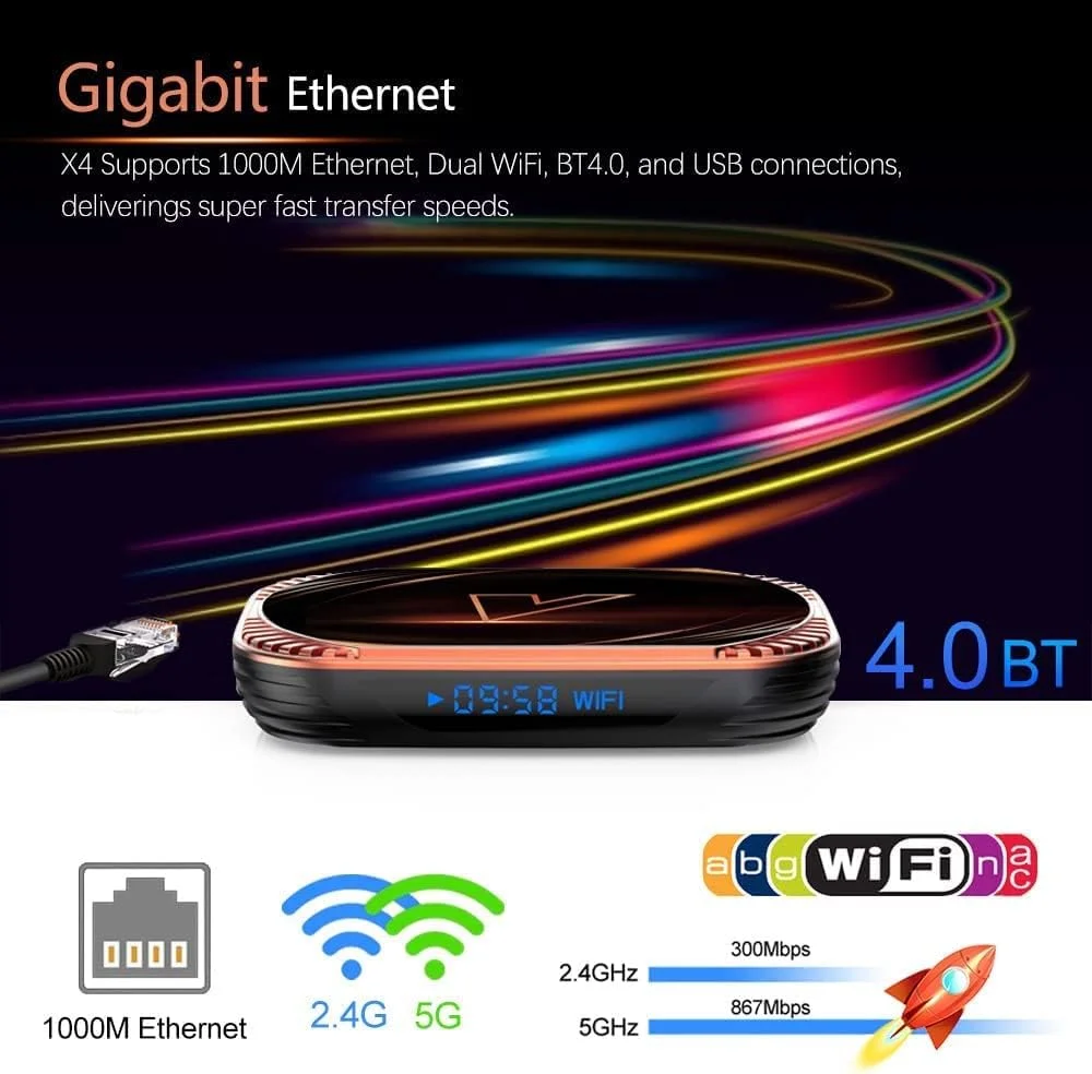 اندروید باکس 11.0، چهارهسته‌ای S905X4، 64 بیتی Cortex-A53، اندروید باکس با وای فای 2.4 گیگاهرتز/5.0 گیگاهرتز، اترنت 100/1000M، پشتیبانی از H.265/3D/4K Ultra HD/BT 5.0/HDMI 2.0 اسمارت تی وی باکس، 4 گیگابایت + 64 گیگابایت