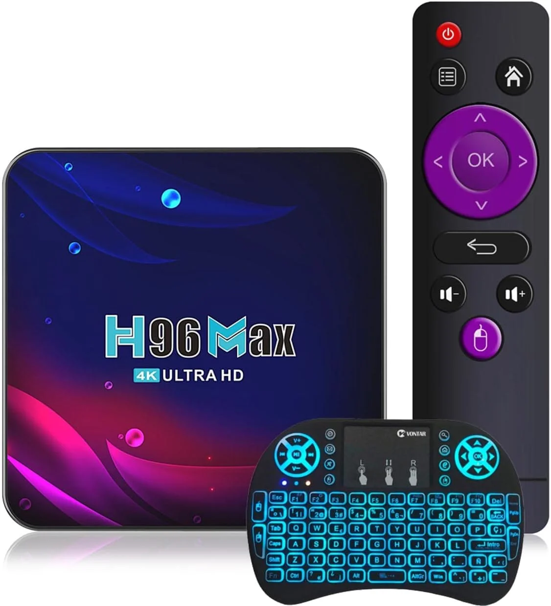 اندروید باکس AMITVA مدل Android 11.0 TV Box, H96max V11 Smart TV Box با پردازنده RK3318 Quad-Core 64Bit Cortex-A53 CPU، USB 3.0 1080P 4K HDR Wifi 2.4Ghz 5.8Ghz Bluetooth 4.0 به همراه مینی کیبورد بی‌سیم دارای نور پس‌زمینه، 4 گیگابایت رم + 32 گیگابایت حافظه داخلی