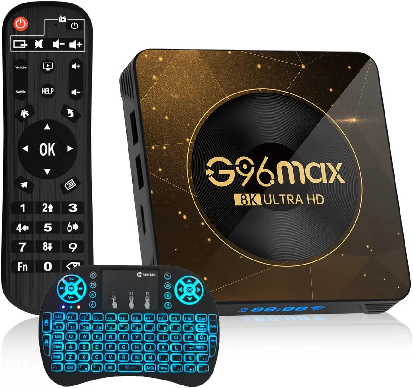 اندروید باکس تلویزیون AMITVA نسخه 13.0، مدل G96max A13، جعبه تلویزیون هوشمند با 4 گیگابایت رم و 64 گیگابایت حافظه داخلی به همراه مینی کیبورد با نور پس زمینه، تراشه RK3258 با پشتیبانی از وای فای 2.4G/5.8G Wifi6، اترنت LAN 1000M، بلوتوث 5.0، قابلیت پخش سه بعدی/8K، جعبه تنظیمات تلویزیون، 4 گیگابایت رم + 32 گیگابایت حافظه داخلی