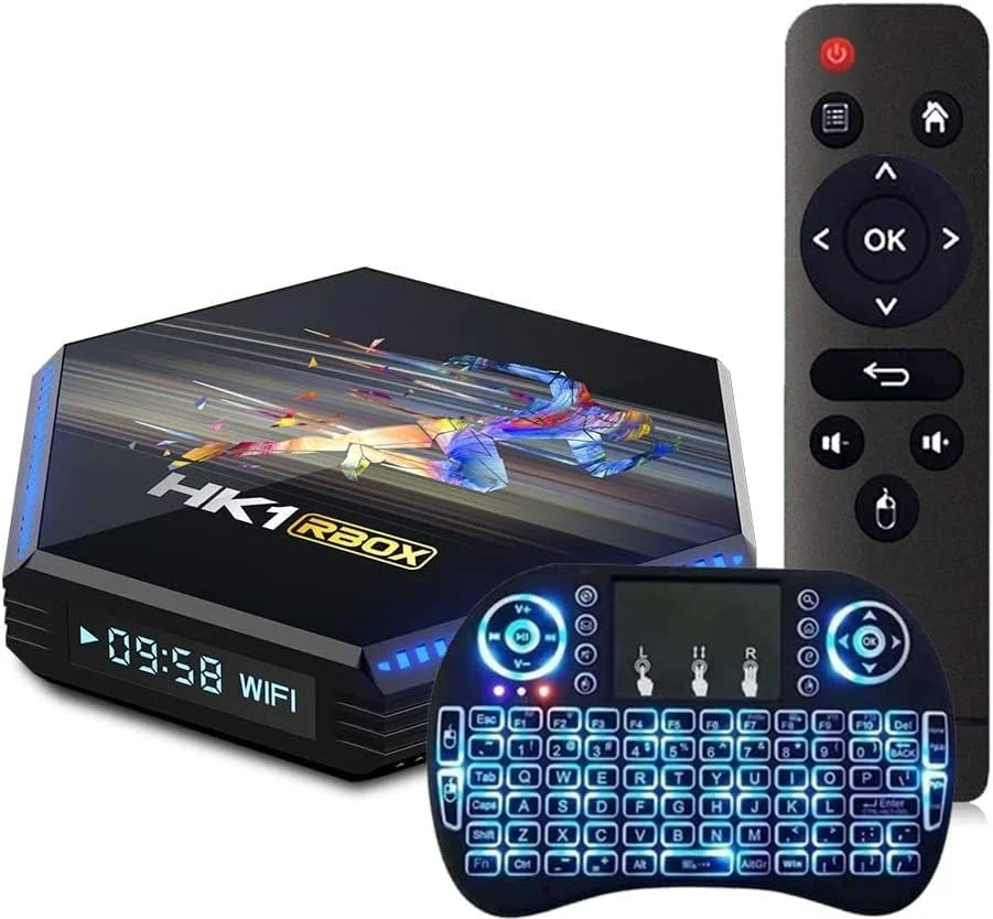 اندروید تی وی باکس 11.0، اسمارت تی وی باکس با 4 گیگابایت رم و 64 گیگابایت رام، پردازنده RK3566 Cortex-A53، پشتیبانی از 4K 8K، بلوتوث 5.0، وای فای 2.4G 5G، اترنت 1000M، USB 2.0 به همراه مینی کیبورد وایرلس، 4GB+32gb