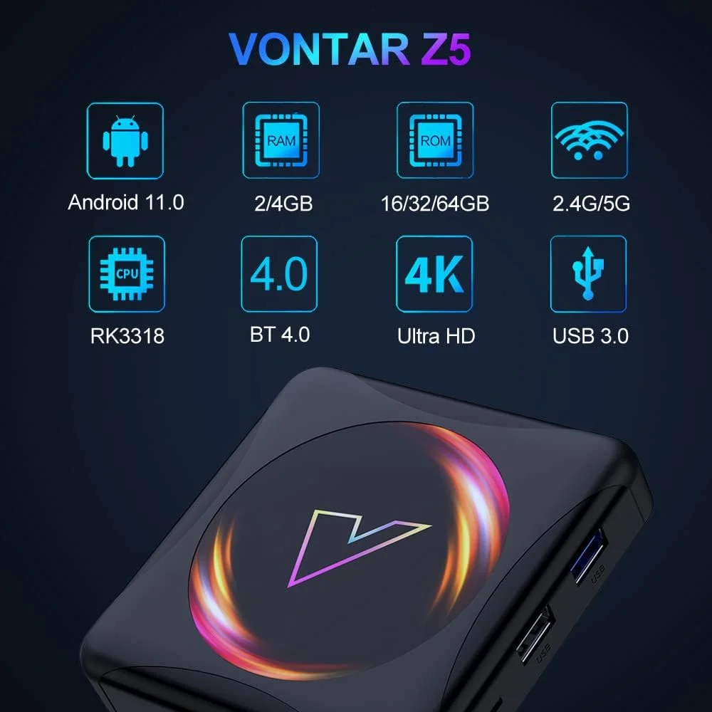 اندروید باکس AMITVA مدل Android 11.0، Vontar Z5 Tvbox با پردازنده چهار هسته ای RK3318، رم 4GB و حافظه داخلی 64GB، پخش کننده رسانه هوشمند اندروید، پشتیبانی از USB 3.0 / 3D / 4K H.265 / 2.4G Wifi