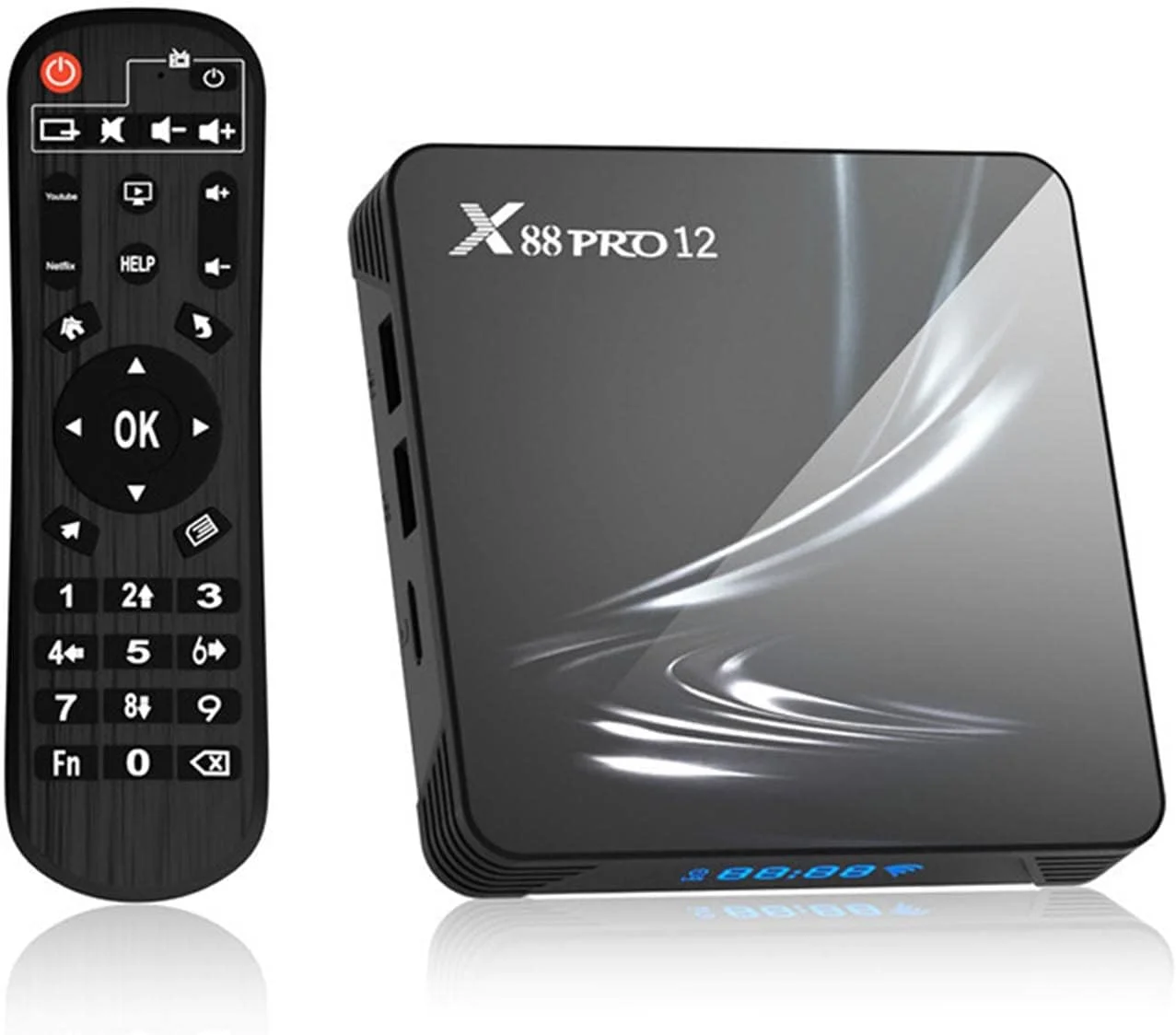 اندروید باکس TV نسخه 12.0، X88 PRO 12 با 4 گیگابایت رم و 64 گیگابایت رام، اندروید باکس هوشمند، ست تاپ باکس، USB 2.0، Ultra HD 4K HDR، وای فای دو بانده 2.4 و 5.8 گیگاهرتز، BT4.1، ست تاپ باکس، 4GB+64GB