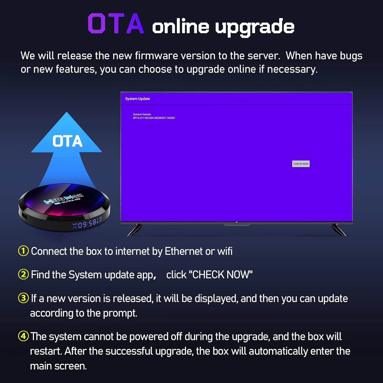 اندروید باکس 13.0، مدل H96 MAX Smart TV Box با 4 گیگابایت رم و 64 گیگابایت حافظه داخلی، پردازنده Rockchip RK3528، وای فای دوگانه 2.4G/5G، پخش کننده رسانه 8K Ultra HD H.265، ست تاپ باکس، 4gb+64gb