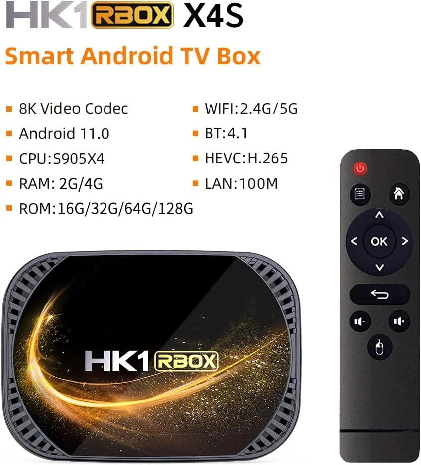 اندروید باکس تلویزیون AMITVA 2023، اندروید 11.0، رم 4 گیگابایت، رام 128 گیگابایت، S905X4 چهار هسته ای، باکس هوشمند 3D 8K، پشتیبانی از وای فای دوگانه 2.4G/5.8G، بلوتوث 4.1، LAN اترنت 100M، 4GB+128gb