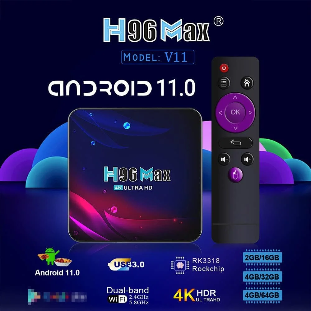 اندروید باکس AMITVA مدل TV Box Android 11.0، H96 MAX V11 اسمارت تی وی باکس RK3318 چهار هسته ای ARM Cortex-A53 CPU USB 2.0 Ultra HD 4K HDR دو بانده Wifi 2.4 5.8Ghz BT 5.0 ست تاپ باکس، 4 گیگابایت رم + 64 گیگابایت حافظه داخلی