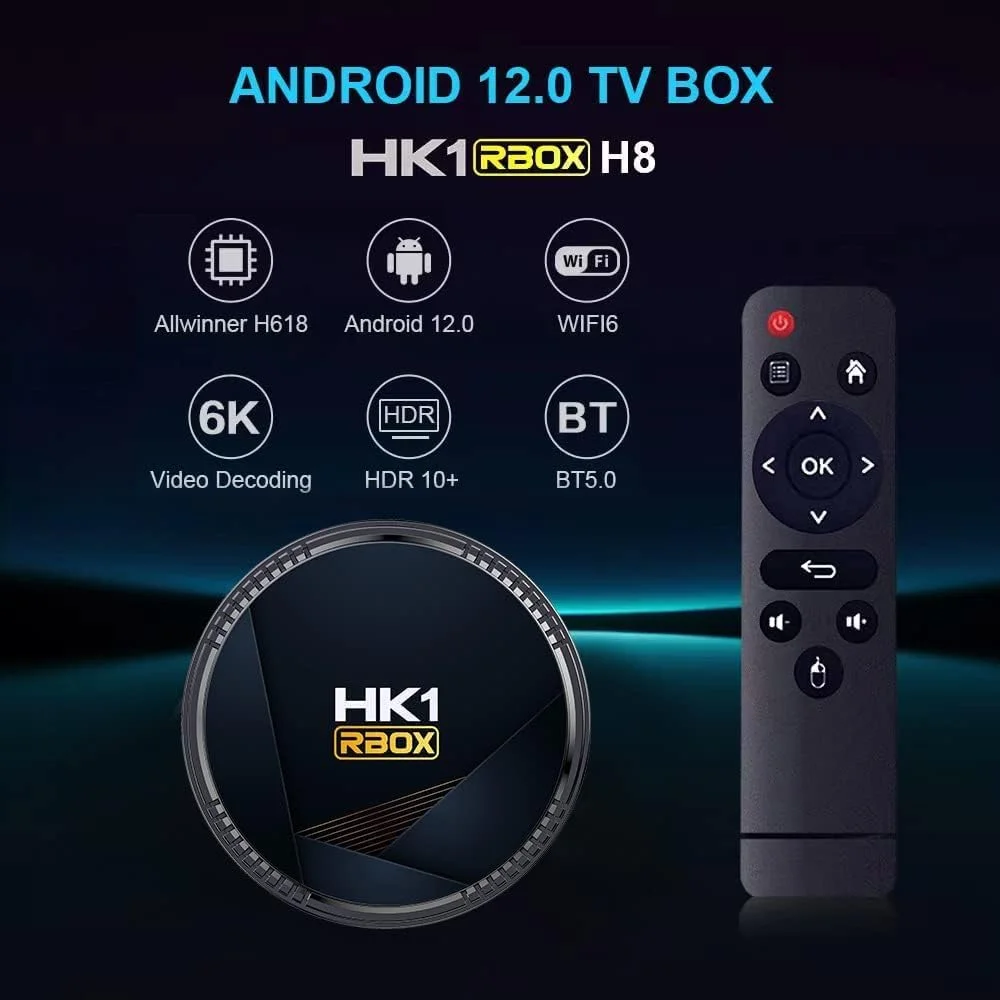 اندروید باکس 12.0، مدل Hk1 Rbox H8، ست تاپ باکس با 4 گیگابایت رم و 128 گیگابایت رام، پردازنده چهار هسته ای H618، پردازنده گرافیکی Mali-G31 MP2، رمزگشایی H.265، وای فای 2.4G/5G، DLAN 100M، اندروید باکس هوشمند، 4 گیگابایت + 32 گیگابایت
