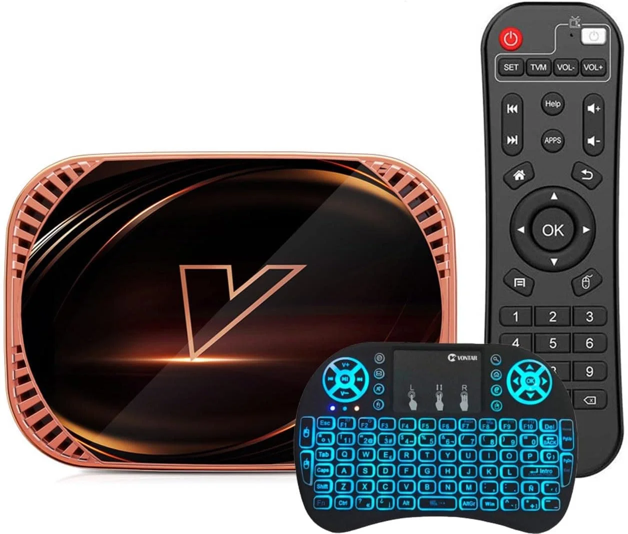 اندروید تی وی باکس AMITVA نسخه 11.0، VONTAR X4 S905X4 Ultra HD 8K HDR، تی وی باکس اندروید با 4 گیگابایت رم و 128 گیگابایت رام، دارای وای فای دو بانده 2.4G/5.8G، بلوتوث 4.0، اترنت به همراه مینی کیبورد با نور پس زمینه، 4 گیگابایت + 64 گیگابایت