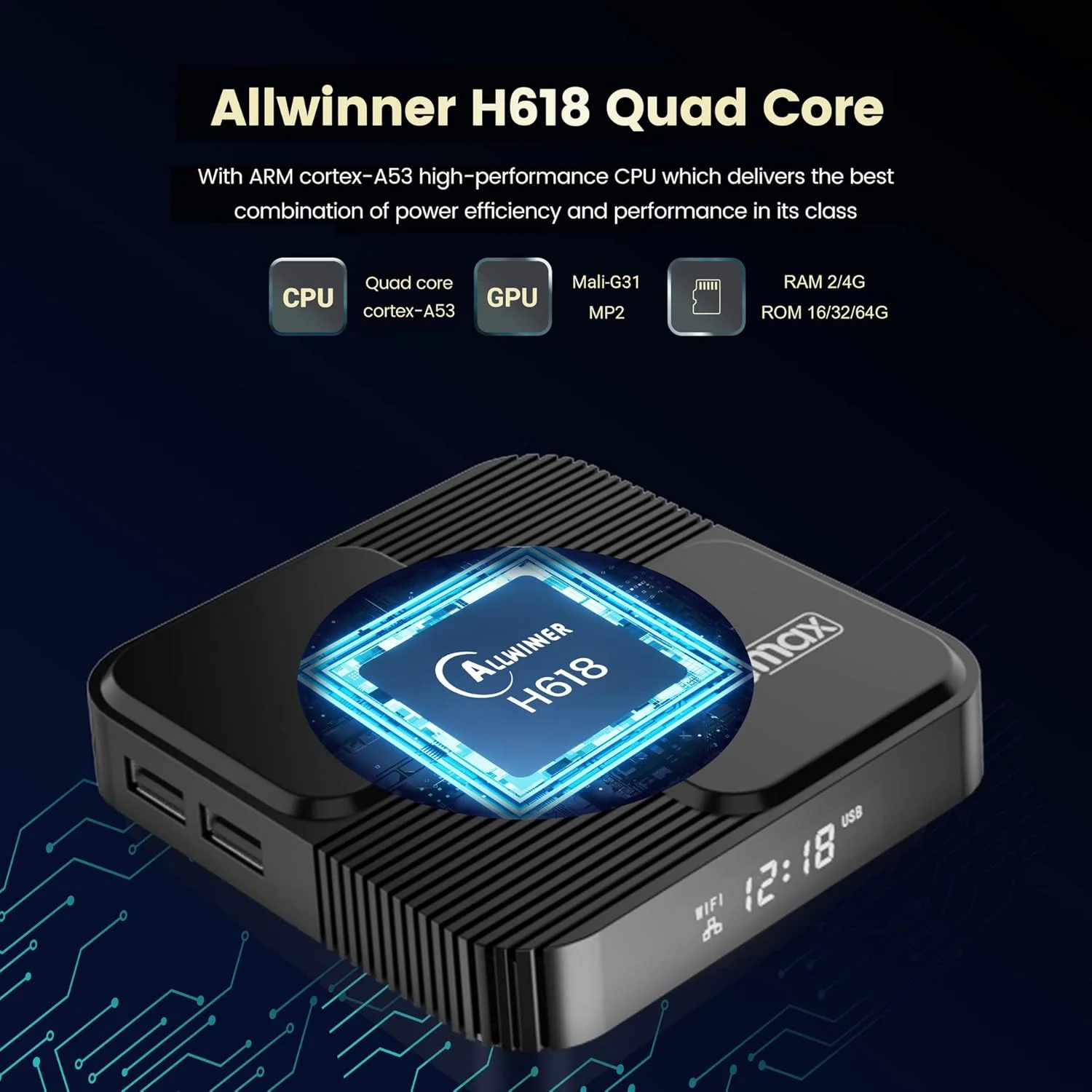 اندروید باکس تلویزیون AMITVA اندروید 12.0 مدل G96max، ست تاپ باکس با 2 گیگابایت رم و 16 گیگابایت رام، دارای پردازنده چهار هسته ای H618، پشتیبانی از وای فای دوگانه 2.4G/5G، بلوتوث 4.0، 6K، 3D و H.265، جعبه های تلویزیون هوشمند