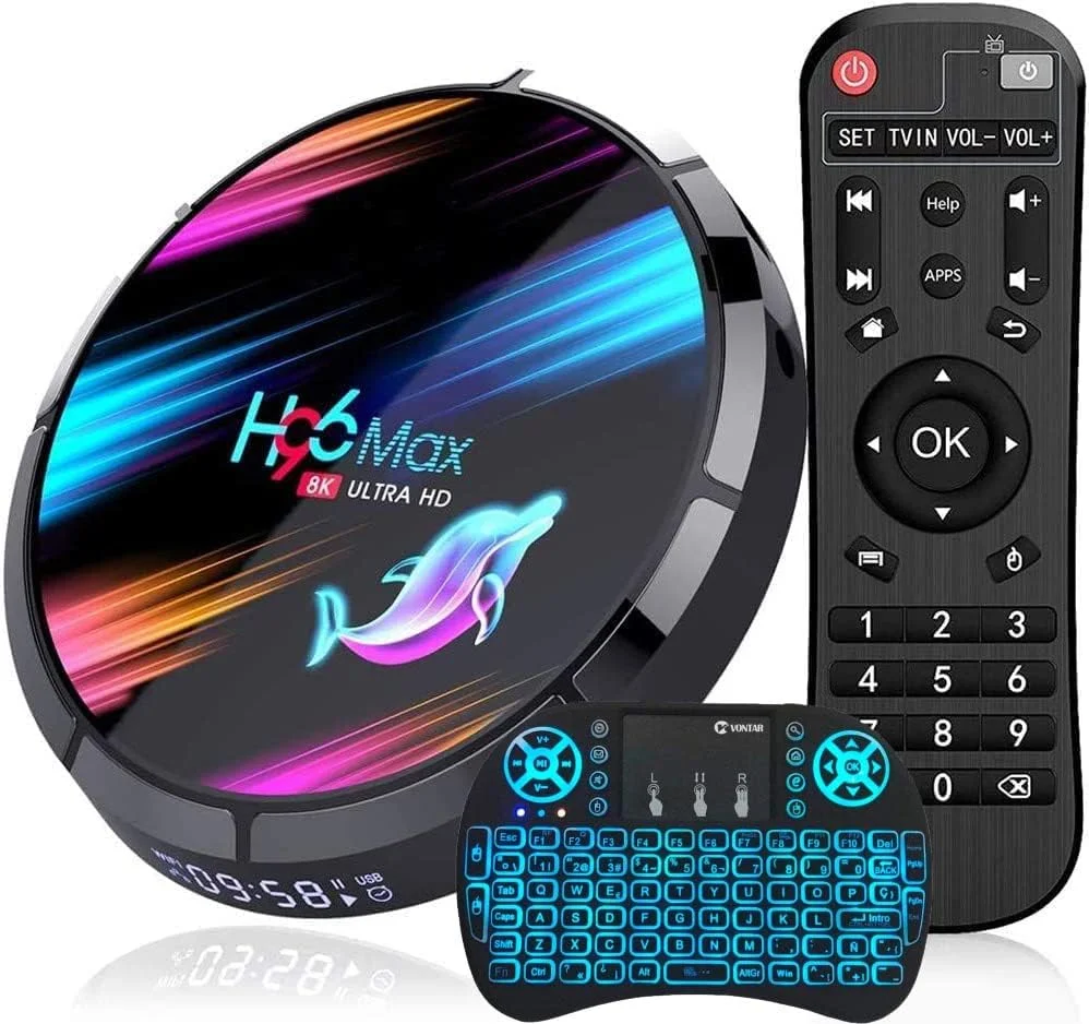 جعبه تلویزیون اندروید AMITVA 9.0 با 4 گیگابایت رم و 128 گیگابایت رام، جعبه تنظیم بالا، جعبه تلویزیون هوشمند Amlogic S905W4 1080P Ultra HD 8K HDR AV1 Wifi 2.4G 5.8Ghz BT 4.1 USB 2.0 با مینی کیبورد بی سیم دارای نور پس زمینه، 4 گیگابایت + 64 گیگابایت