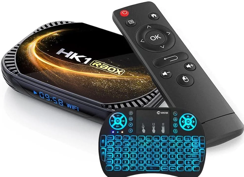 اندروید تی وی باکس 11.0، 2022 HK1 X4S TV با 4 گیگابایت رم و 128 گیگابایت حافظه داخلی، اسمارت باکس برای تلویزیون با تراشه S905X4، پشتیبانی از Ultra HD 8K/4K HDR H.265 AV1 USB 2.0 2.4G 5.8Ghz Wifi BT 5.0 به همراه مینی کیبورد وایرلس دارای نور پس زمینه، 4 گیگابایت + 128 گیگابایت