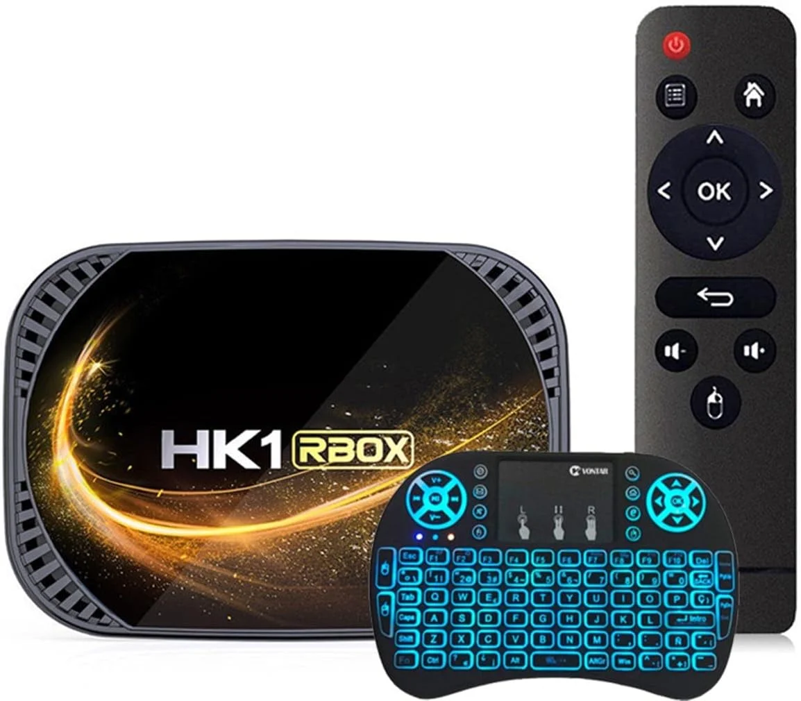 اندروید تی وی باکس 11.0 با 4 گیگابایت رم و 128 گیگابایت حافظه داخلی، ست تاپ باکس، اسمارت تی وی باکس Amlogic S905W4، کیفیت 1080P Ultra HD 8K/4K HDR AV1، وای فای 2.4G 5.8Ghz، بلوتوث 4.1، USB 2.0 به همراه مینی کیبورد وایرلس دارای نور پس زمینه، 4GB+128gb