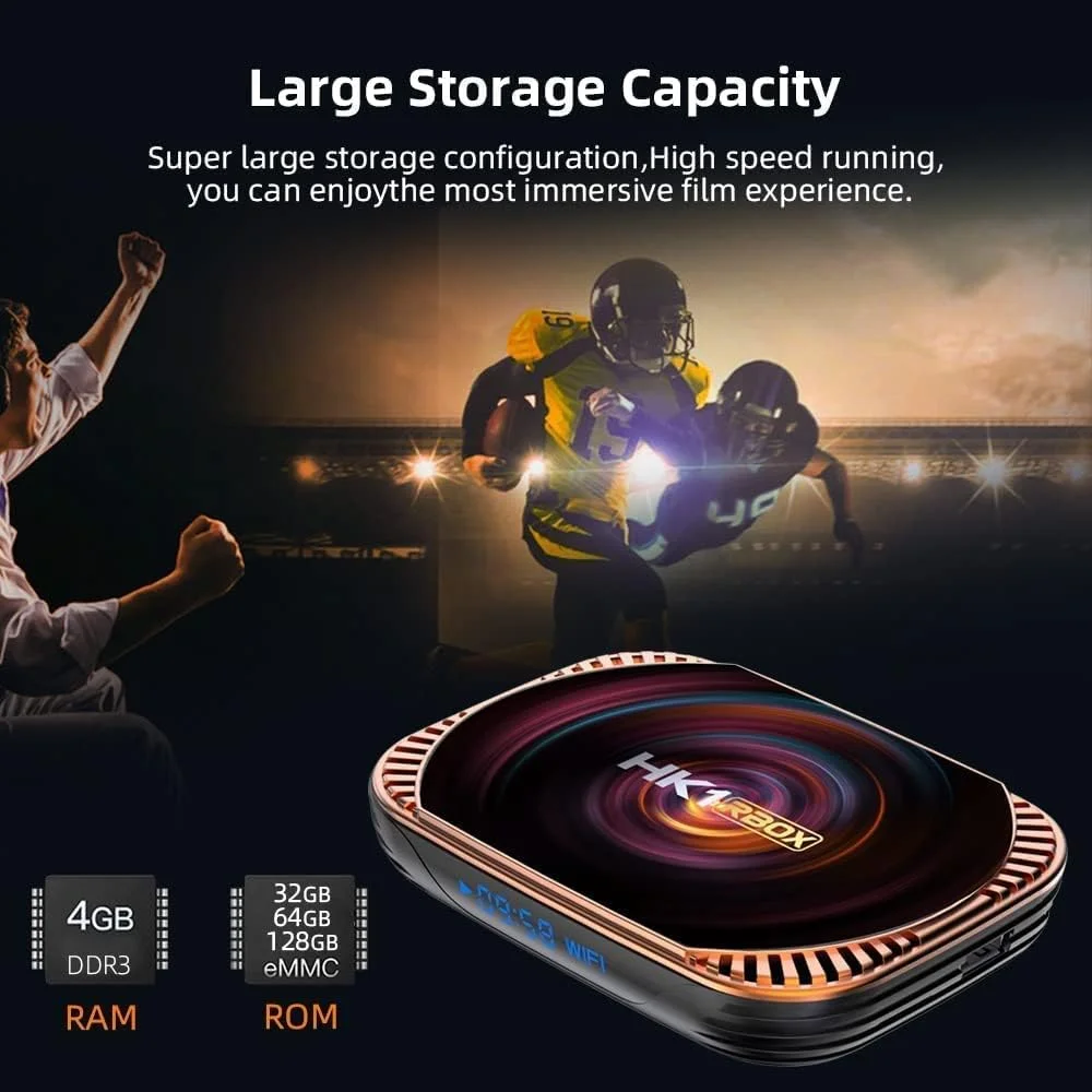 اندروید تی وی باکس 11.0 با 4 گیگابایت رم و 128 گیگابایت حافظه داخلی، ست تاپ باکس، اسمارت تی وی باکس Amlogic S905W4، کیفیت 1080P Ultra HD 8K/4K HDR AV1، وای فای 2.4G 5.8Ghz، بلوتوث 4.1، USB 2.0 به همراه مینی کیبورد وایرلس دارای نور پس زمینه، 4GB+128gb