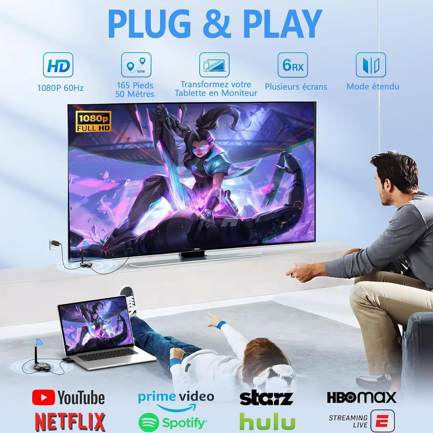 انتقال دهنده و گیرنده بی سیم HDMI ایمیبو 5.8G - تا 4 گیرنده، پخش بی سیم HDMI با کیفیت 1080P @ 60Hz ویدئو/صدا برای لپ تاپ، دوربین، تی وی باکس به چند تلویزیون، پروژکتور - 50 متر