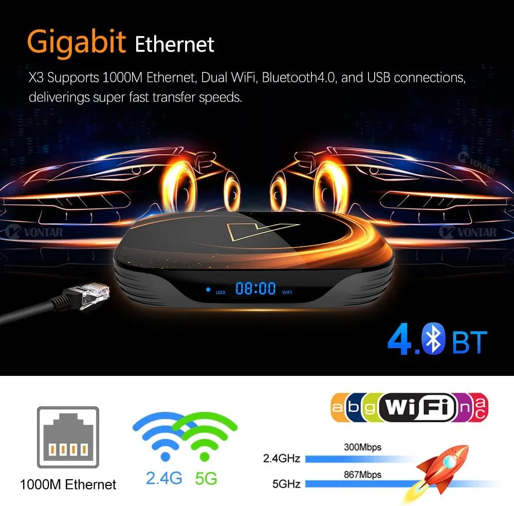 اندروید باکس 9.0، VONTAR X3 اسمارت تی وی باکس با 4 گیگابایت رم و 128 گیگابایت رام، پردازنده چهارهسته‌ای S905X3 Cortex-A53، پشتیبانی از Cast Screen، وای‌فای 2.4G/5G، بلوتوث 4.0، USB 3.0، LAN 1000M اترنت، جعبه رسانه 3D 8K، 4gb+128gb