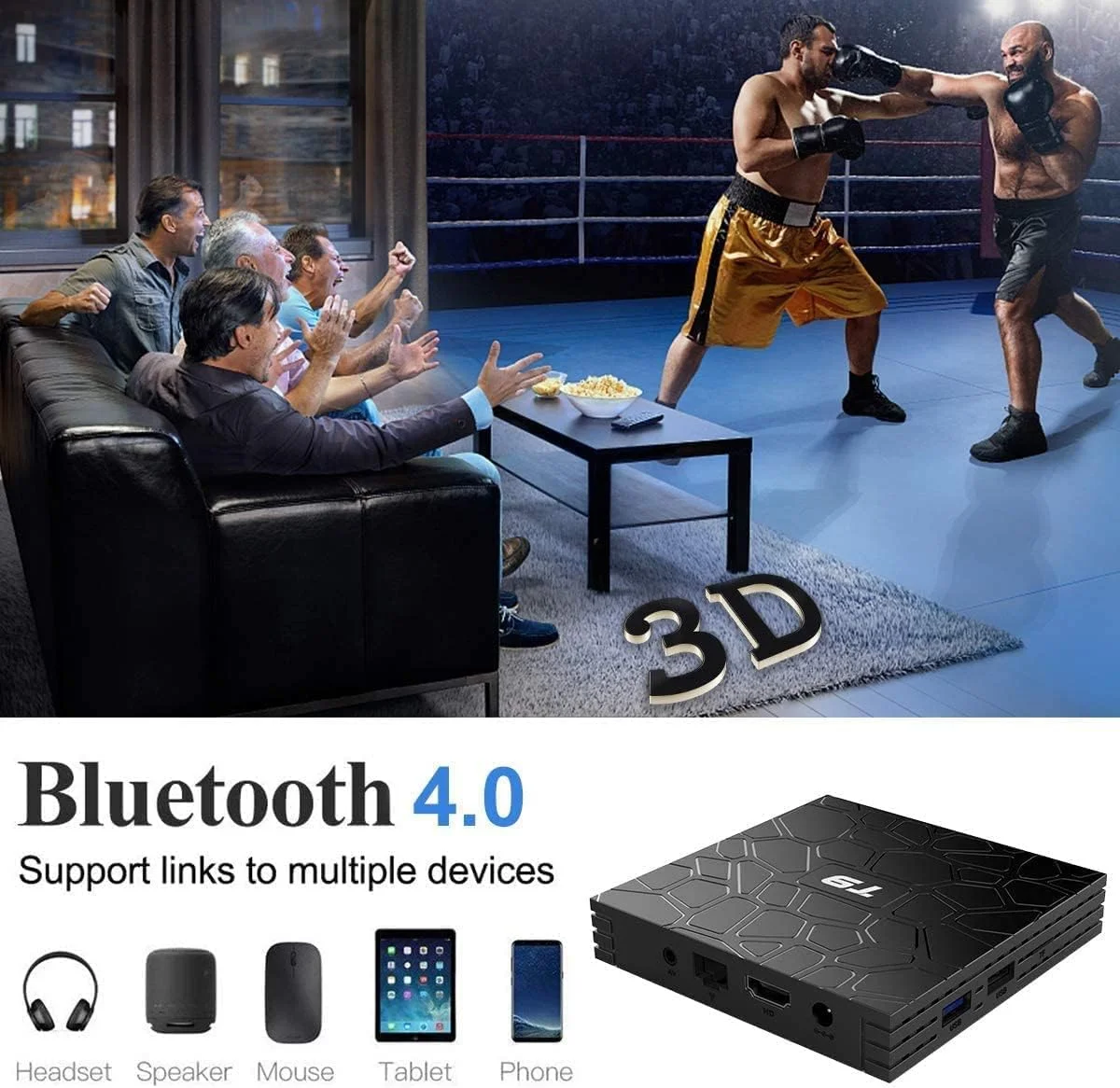 اندروید باکس تلویزیون AMITVA با 4 گیگابایت رم و 64 گیگابایت حافظه داخلی، اندروید باکس 9.0 مدل 2022، پردازنده RK3318 Cortex-A53 با پشتیبانی از ویدیوهای 4K 3D، وای فای 2.4G/5G، اترنت 100 مگابیت بر ثانیه، بلوتوث، اسمارت تی وی باکس، 4 گیگابایت + 32 گیگابایت