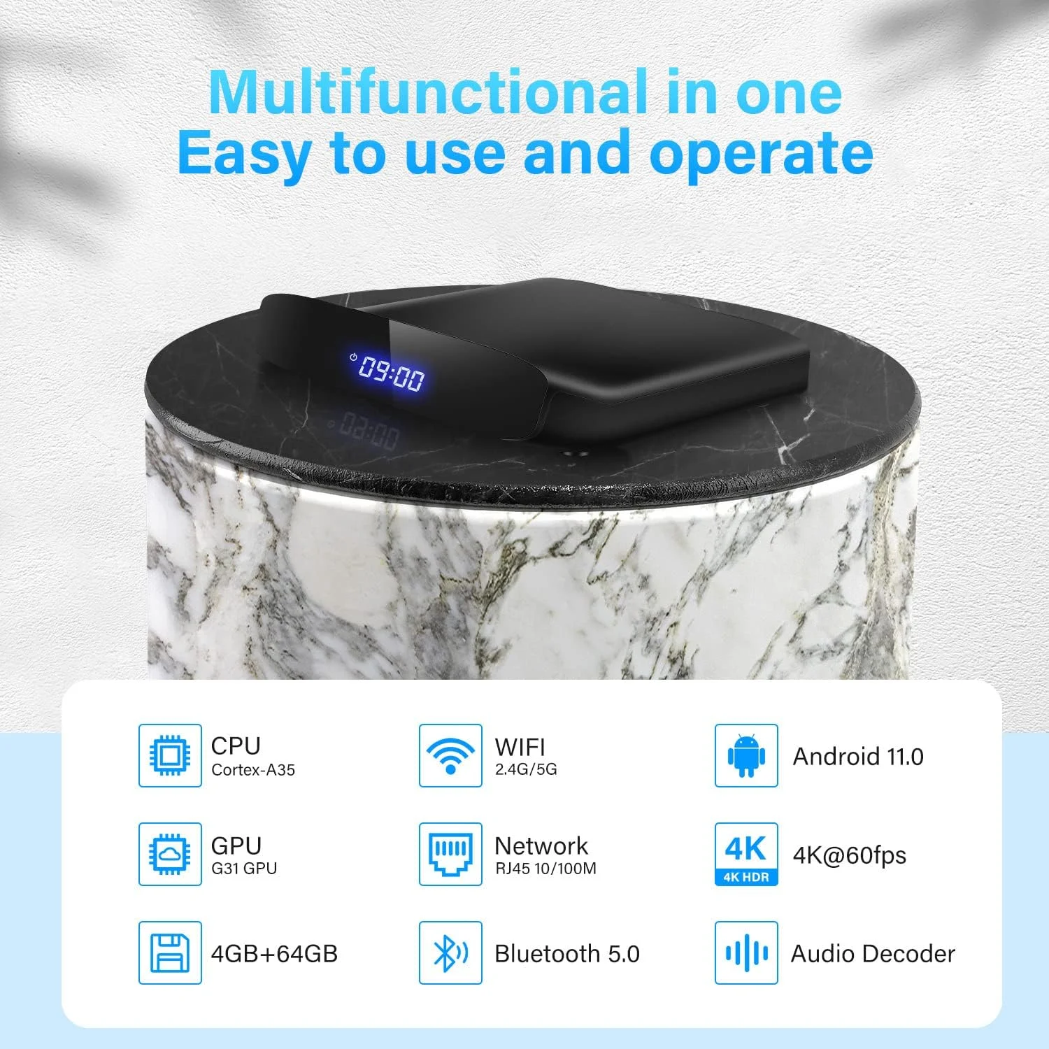 اندروید باکس 11.0، مدل A95X W2، با 4 گیگابایت رم و 64 گیگابایت حافظه داخلی، پردازنده چهارهسته‌ای S905W2 64 بیتی ARM Cortex-A53، وای فای دو بانده 2.4G/5G، کیفیت 8K، بلوتوث 5.0، USB 2.0، قابلیت 3D و کدک H.265، اندروید باکس هوشمند، 2 گیگابایت رم + 16 گیگابایت حافظه داخلی