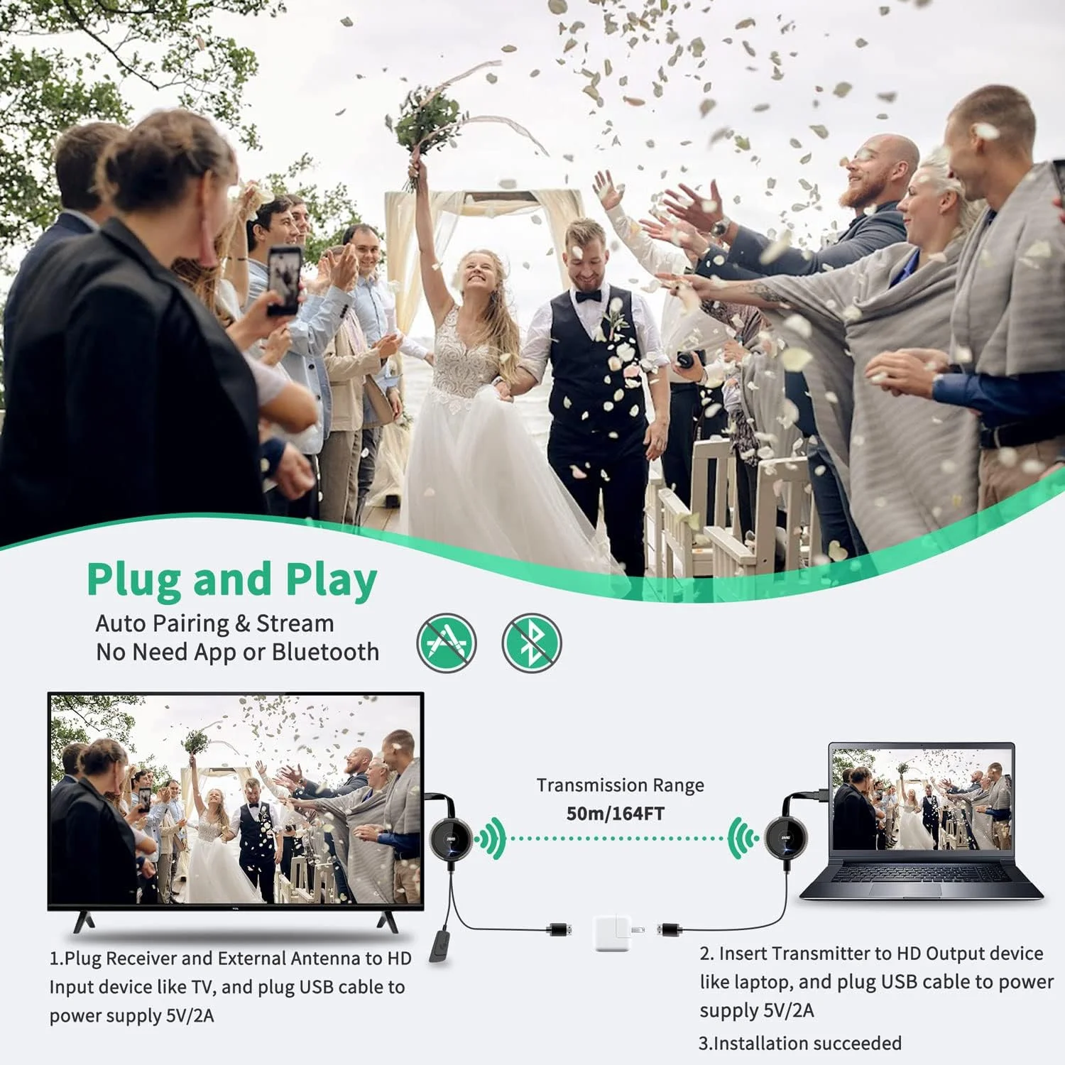 فرستنده و گیرنده HDMI بی سیم AIMIBO، کیت توسعه دهنده بی سیم HDMI 4K/5G برای پخش رسانه، ویدئو، صدا و فایل از تلفن، لپ تاپ، دوربین، جعبه کابل، نتفلیکس، PS5 به HDTV، مانیتور، پروژکتور، 50 متر