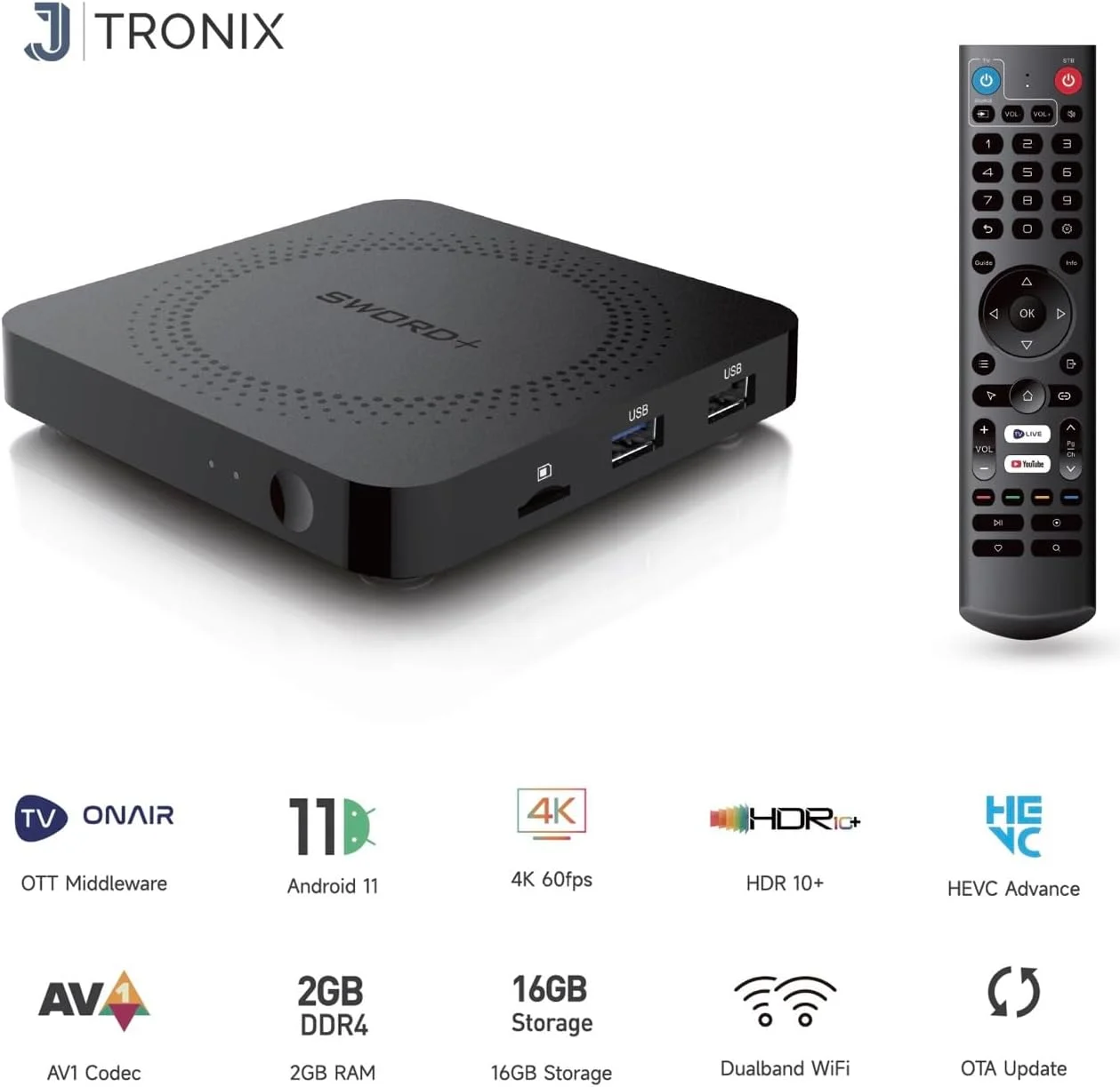 اندروید تی وی باکس Aceconn Sword+ مدل 2024، کیفیت 4K با نرخ 60 فریم بر ثانیه، اندروید 11، رم 2 گیگابایتی، حافظه داخلی 16 گیگابایتی، وای فای دو بانده، HDR 10+، ریموت کنترل IR درجه یک