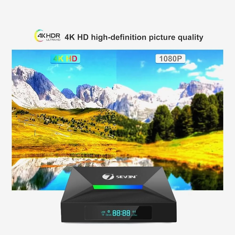 اندروید باکس 4K مدل 7SEVEN® با پردازنده چهارهسته‌ای Amlogic S905W2، رم 4 گیگابایت، حافظه داخلی 32 گیگابایت، وای‌فای 2.4G/5G، بلوتوث 5.0v، سیستم عامل اندروید 12 با پشتیبانی از ارتقاء OTA، خروجی 4K با سرعت 30 فریم بر ثانیه، ورودی اپتیکال برای اسپیکر 5.1 کاناله و دستگاه ذخیره‌سازی خارجی