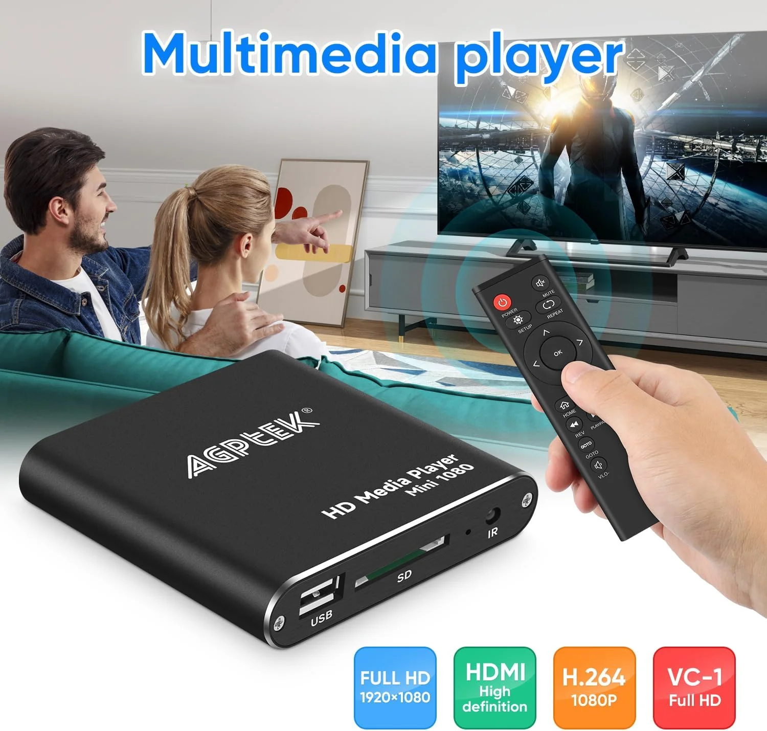 پخش کننده رسانه ای دیجیتال AGPtek Mini 1080p Full-HD Ultra HDMI برای MKV/RM HDD درایوهای USB و کارت های SD (مشکی)