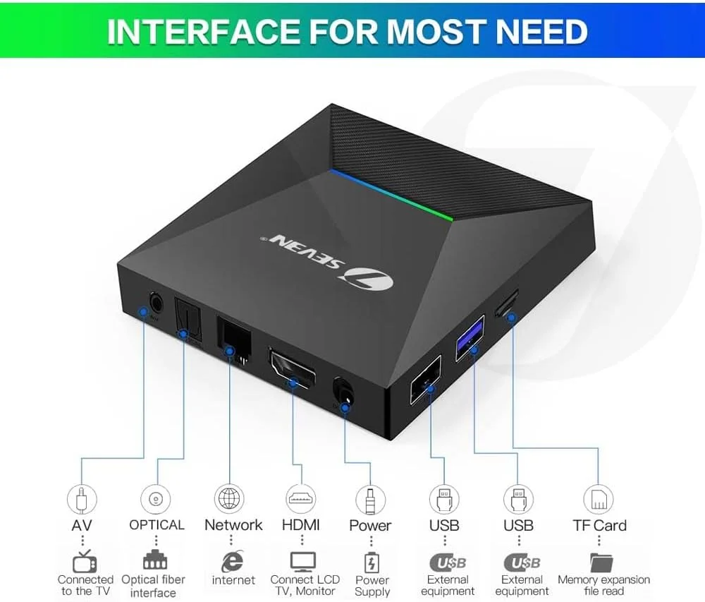 اندروید باکس 4K مدل 7SEVEN® با پردازنده چهارهسته‌ای Amlogic S905W2، رم 4 گیگابایت، حافظه داخلی 32 گیگابایت، وای‌فای 2.4G/5G، بلوتوث 5.0v، سیستم عامل اندروید 12 با پشتیبانی از ارتقاء OTA، خروجی 4K با سرعت 30 فریم بر ثانیه، ورودی اپتیکال برای اسپیکر 5.1 کاناله و دستگاه ذخیره‌سازی خارجی