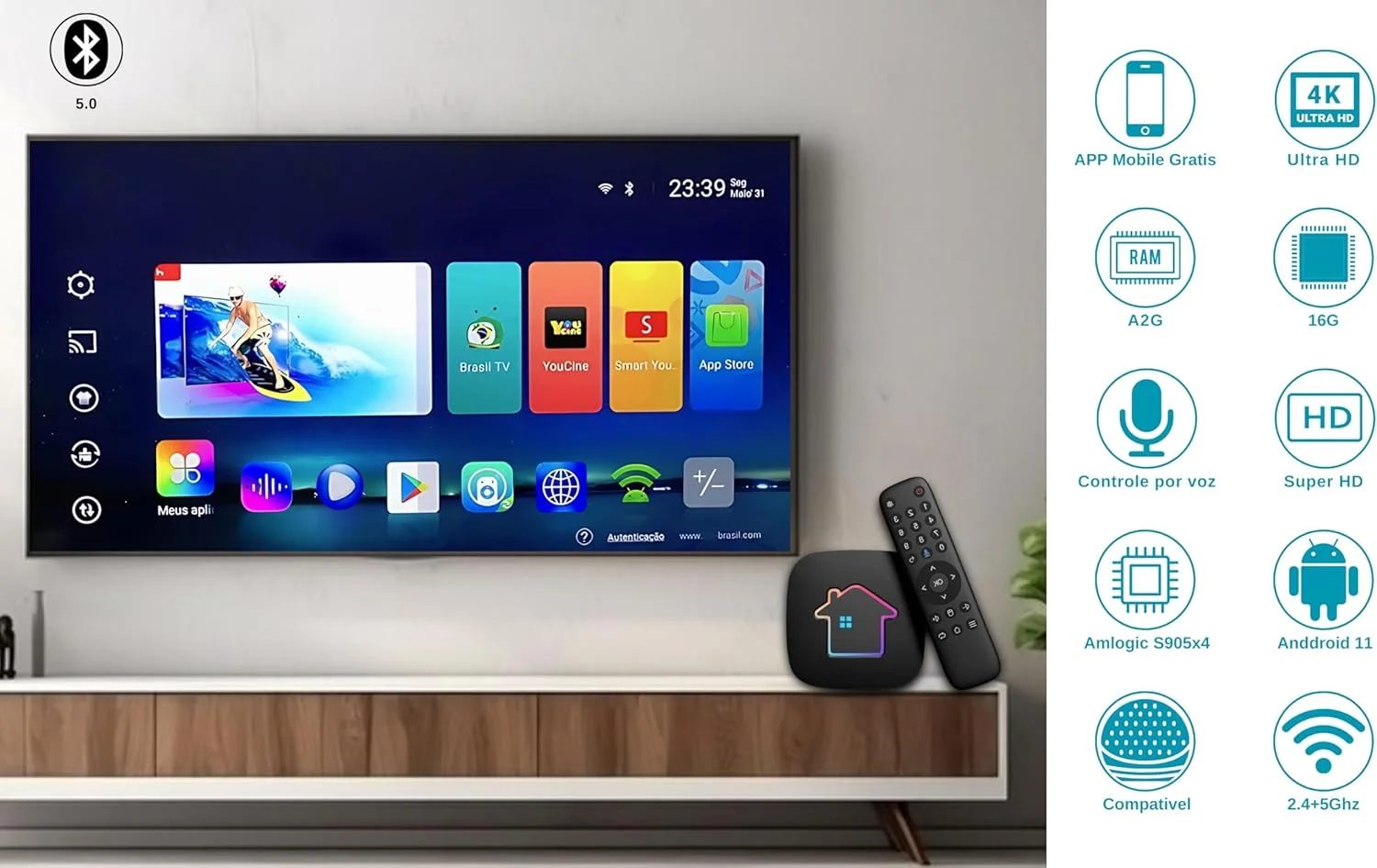 باکس تلویزیون 2025 H8 برزیل - نسخه جدید - کنترل از راه دور صوتی - 2 گیگابایت رم + 16 گیگابایت رام - 4K Ultra HD - وای فای دو بانده (2.4/5 گیگاهرتز) - بلوتوث 5.0 - پشتیبانی از الکسا