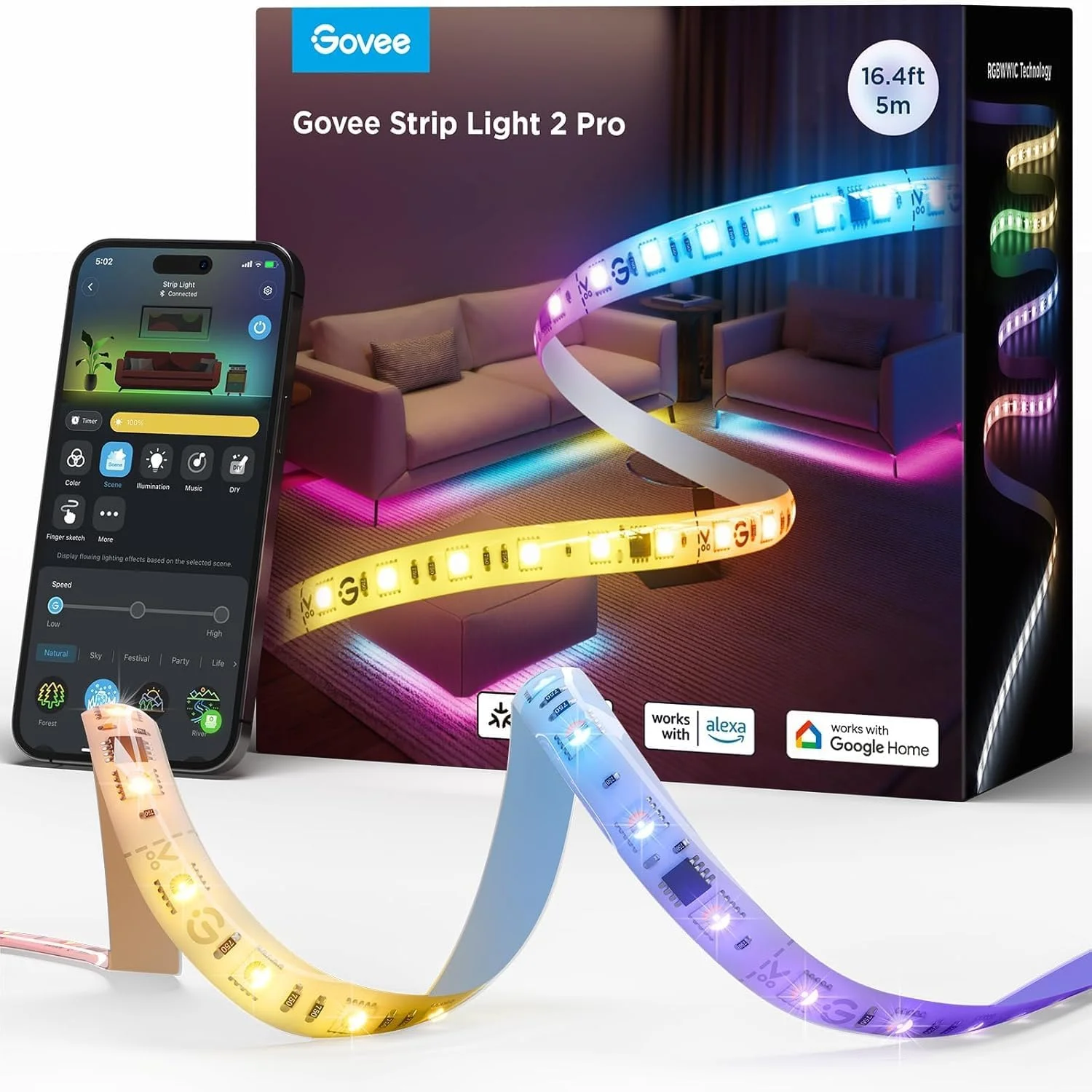 نوار نور RGBIC Govee مدل 2 Pro با Matter، نوار چراغ هوشمند LED به طول 6.56 فوت سازگار با الکسا و دستیار گوگل، چراغ های LED تغییر رنگ دهنده برای اتاق خواب، کابینت، مهمانی، میز بازی، دکوراسیون منزل