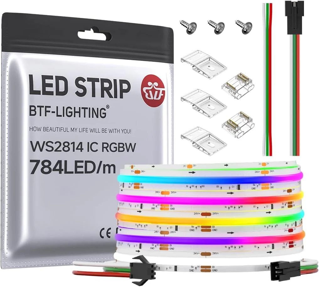 نوار ال ای دی FCOB WS2814 IC RGBW 6000K، نور یکنواخت و متراکم با قابلیت تغییر رنگ، طول 5 متر، ولتاژ 24 ولت DC، دارای 784 ال ای دی در هر متر، 14 آی سی در هر متر، عرض 10 میلی متر، مناسب برای دکوراسیون داخلی (بدون آداپتور یا کنترلر)