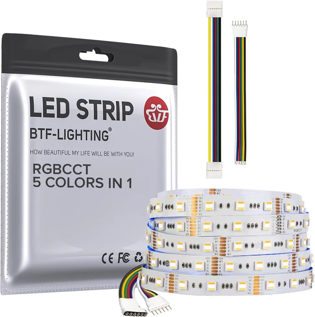 نوار چراغ LED رنگی BTF-LIGHTING RGBCCT با 5 رنگ در 1 LED 5050SMD RGBWW RGB+ با قابلیت تنظیم دمای رنگ 2700K-6500K، طول 5 متر، 60LED در متر، 300LED، نوار چراغ LED چند رنگ IP30 DC12V برای اتاق خواب، میز، دکوراسیون منزل