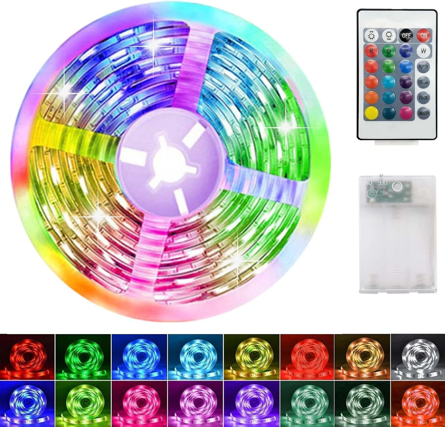 نوار ال ای دی باتری خور 4 متری، RGB 5050 چسبی با قابلیت تغییر 16 رنگ، چراغ های نواری ال ای دی با باتری، نوار ال ای دی با کنترل از راه دور برای کابینت، پله، آشپزخانه، تخت خواب