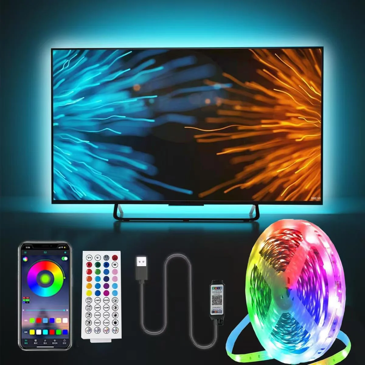 چراغ های نواری ال ای دی تلویزیون Hnogax با همگام سازی موسیقی، نور پس زمینه RGB محیطی 3 متری برای تلویزیون های 40-65 اینچی، نورپردازی هوشمند برای بازی و سینمای خانگی [نصب آسان]