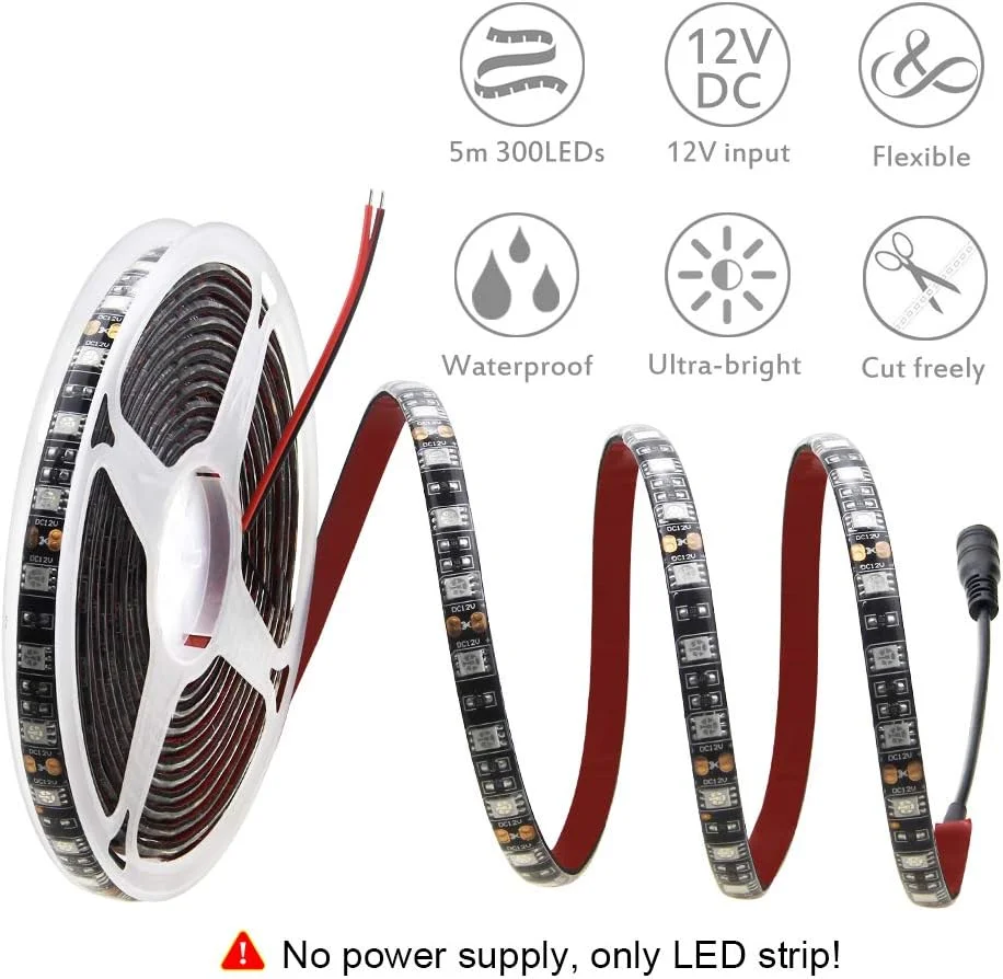 نوار چراغ LED انعطاف پذیر 5050 آبی ALITOVE، طول 5 متر، برد مشکی، ولتاژ 12 ولت DC، دارای 300 LED، ضد آب IP65، مناسب برای روشنایی خانه، باغ و مناطق تجاری (بدون منبع تغذیه) - تصویر 2
