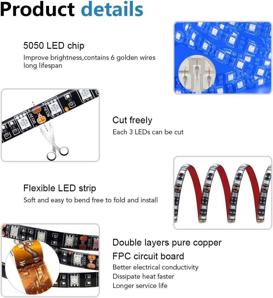 نوار چراغ LED انعطاف پذیر 5050 آبی ALITOVE، طول 5 متر، برد مشکی، ولتاژ 12 ولت DC، دارای 300 LED، ضد آب IP65، مناسب برای روشنایی خانه، باغ و مناطق تجاری (بدون منبع تغذیه) - تصویر 3