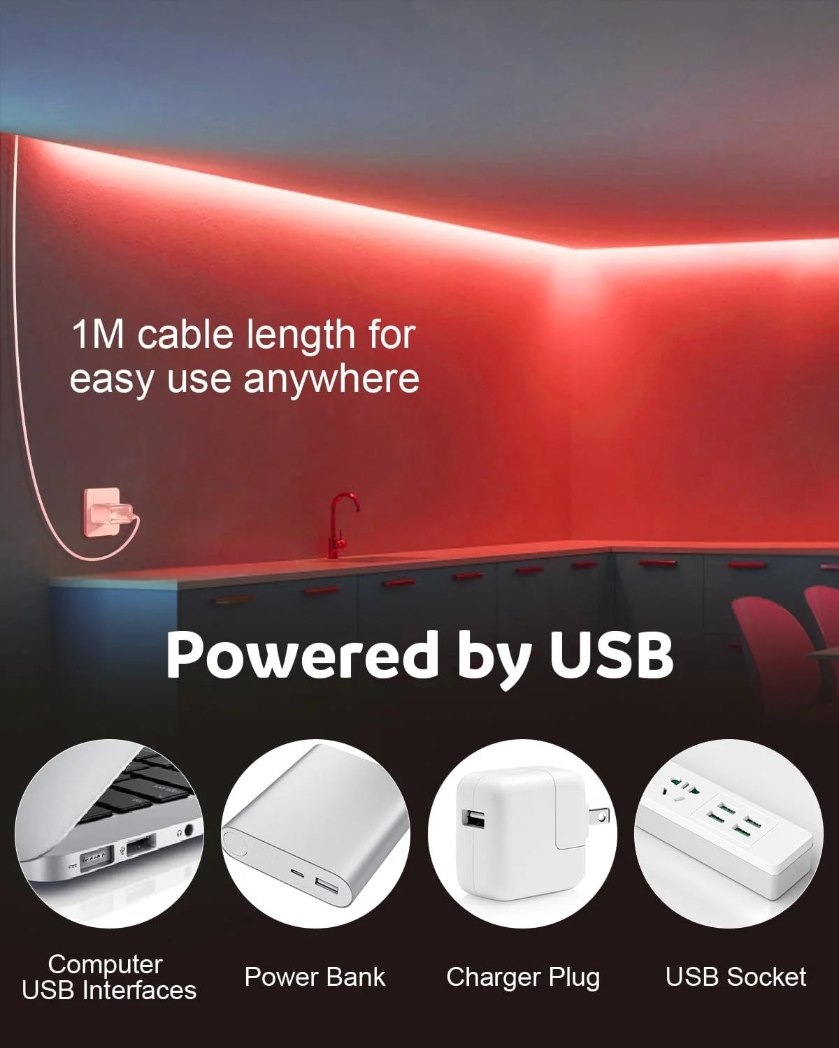 نوار چراغ ال ای دی COB آکلورول، 5 ولت، تغذیه از طریق USB، قرمز، 1 متر، 320 ال ای دی، CRI85+، نوار چراغ ال ای دی انعطاف پذیر برای نورپردازی تلویزیون، دیوار، کمد، تخت و سایر نورپردازی های DIY