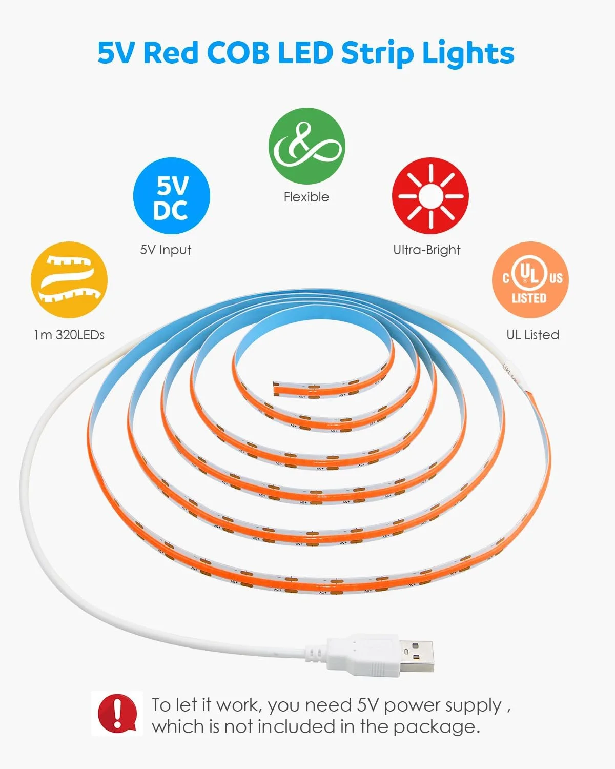 نوار چراغ ال ای دی COB آکلورول، 5 ولت، تغذیه از طریق USB، قرمز، 1 متر، 320 ال ای دی، CRI85+، نوار چراغ ال ای دی انعطاف پذیر برای نورپردازی تلویزیون، دیوار، کمد، تخت و سایر نورپردازی های DIY