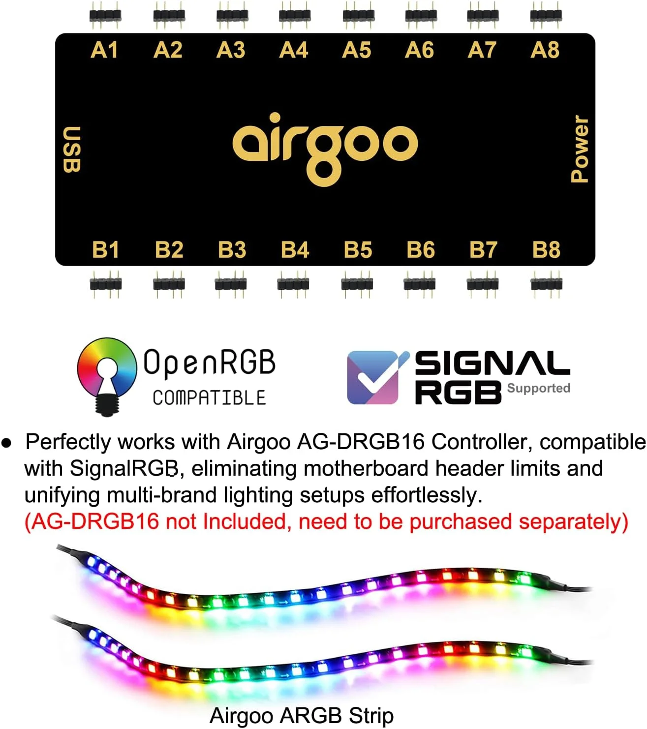 نوار ال ای دی RGB دیجیتال آدرس پذیر Airgoo، رنگین کمانی، 2 نوار، مناسب برای 3 پین 5 ولت AMDRGB0001